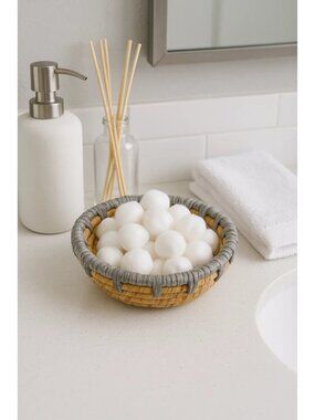 Small Hand-Made Coiled Natural Fiber Basket With Gray Top Coil